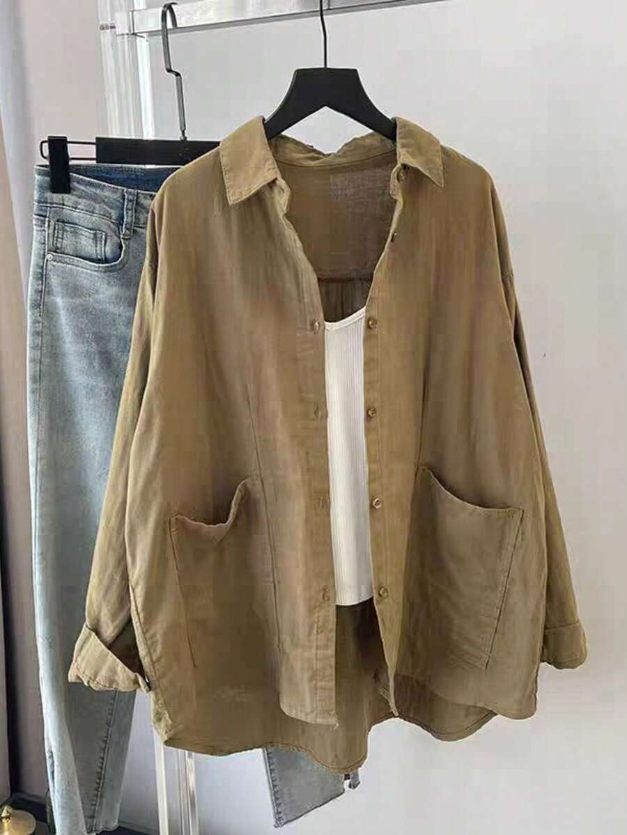 女士纯色前扣口袋休闲长袖衬衫,适合春夏季 - 摩卡棕 - 查看 1