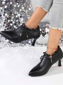 女士时尚蝴蝶结尖头侧拉链系带粗跟高跟鞋，百搭春秋鞋 - 黑色 - 查看 2