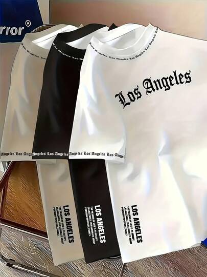 3件装男士洛杉矶哥特字体3D全印花T恤 - 白色底，黑色Logo和城市名称，短袖休闲街头风，圆领，可机洗，适合运动爱好者和都市时尚主题穿搭
