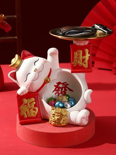 1 件装优雅招财猫装饰摆件 - 奢华高端玄关收纳托盘装饰，适用于乔迁、新年、春节和中国新年主题 - 完美的客厅桌面装饰礼品