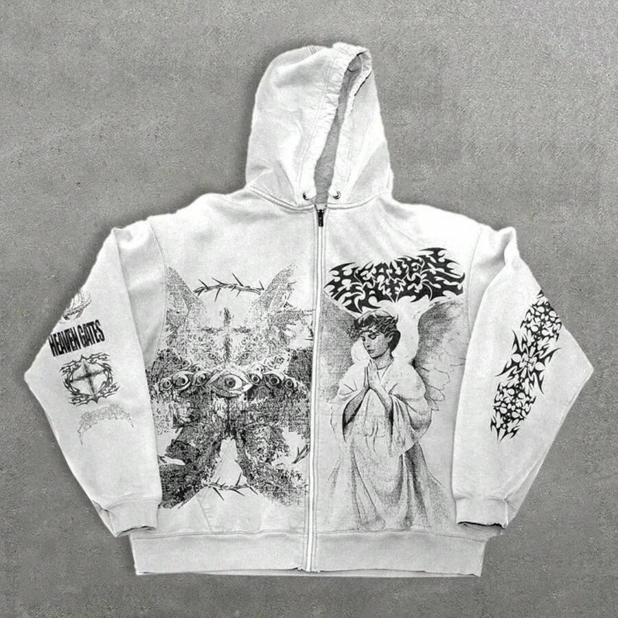 Cardigan Sweater American Spring And Autumn New Angel 3D Printed Hoodie Zipper Men's And Women's Same Loose Sweater Y2K Retro Style - 灰色 - 查看 1