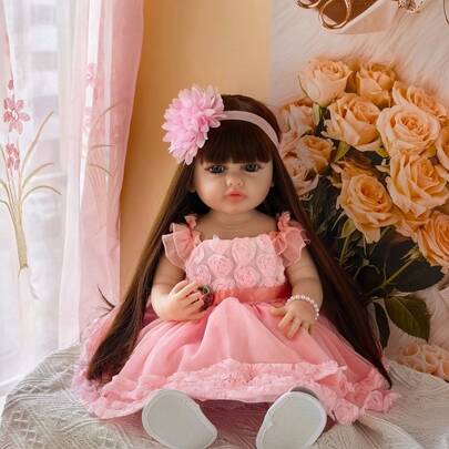 22-Inch (Approx. 55cm) Lifelike Reborn Baby Doll, Full Vinyl Body, Long Hair Princess Style, Pink Floral Dress, Bathing & Playing Companion, Dollhouse Play, Birthday Gift (Includes Bottle, Pacifier, Diaper, Birth Certificate)