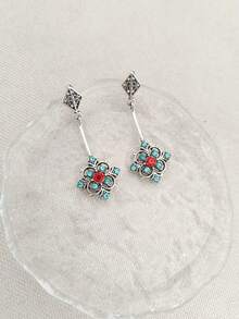 一对波西米亚优雅宫廷风水晶镶嵌镂空几何吊坠耳环，适合日常、派对、旅行佩戴，珠宝礼品 - 銀色 - 查看 4