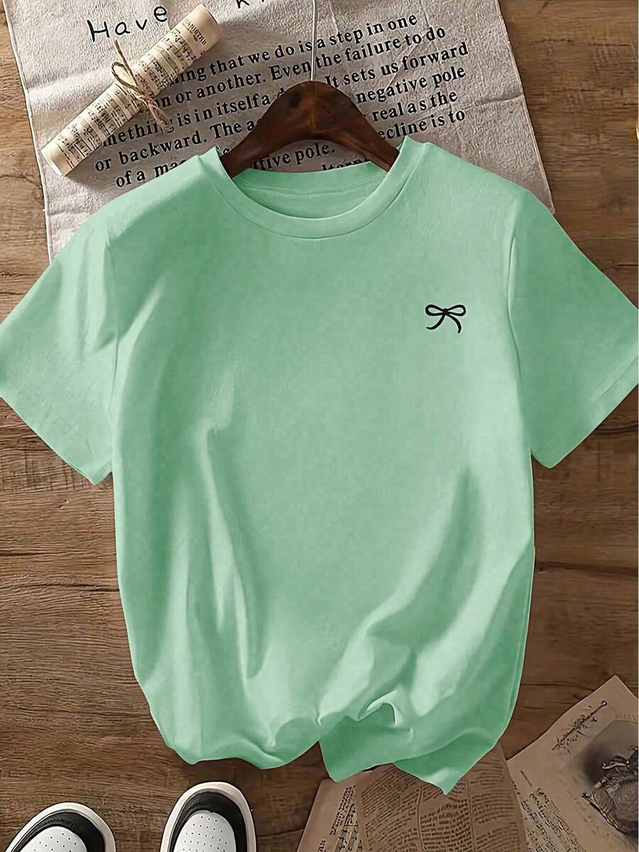 Bow Print Loose Fit Short Sleeve T-Shirt, Spring/Summer Casual - Mint Green - View 1