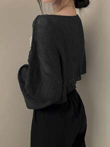 女士上衣，韩版柔软针织抽绳毛衣，黑色 - 黑色 - 查看 6