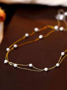 1pc S925 Sterling Silver Personalized Starry Sky Double Layer Pearl Necklace, Luxury Minimalist Beaded Sweater Chain, Exquisite Holiday Gift For Women - Pearl - View 11