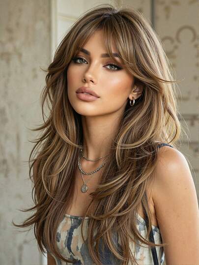 24 Inch Long Wavy Wigs With Bangs Dark Roots Brown Wigs For Women Brown Ombre Hair With Blonde Wigs,Heat-Resistant Synthetic Wigs For Daily Party Cosplay Wigs