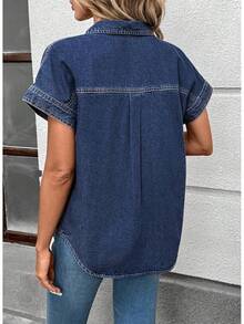 Women's Button Down Denim Shirt Collared Short Sleeve Jean Shirt Blouse With Pockets - màu xanh đậm - Xem 2