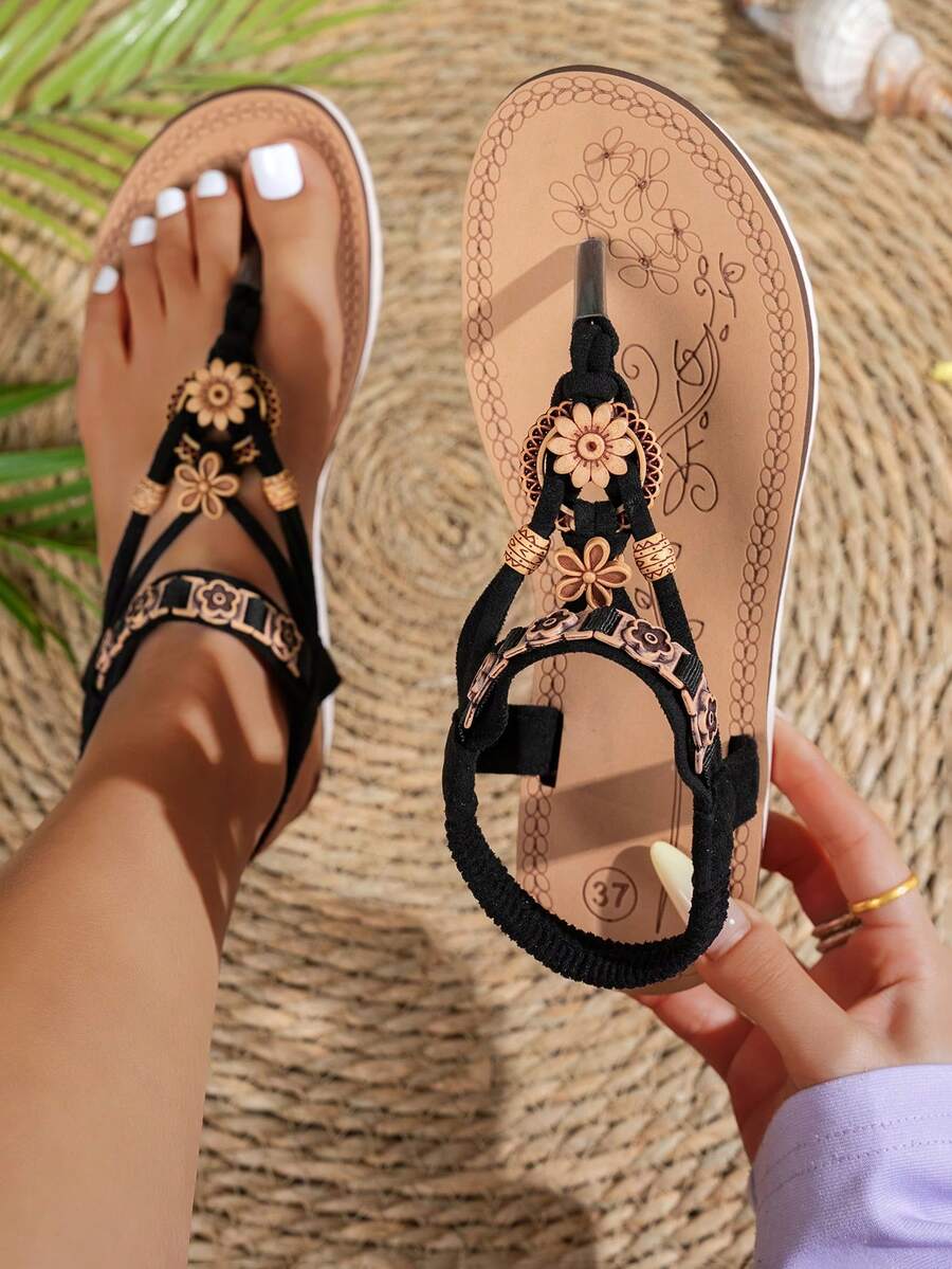 Women's Fashion Bohemian Style Sandals, Casual Versatile, Suitable For Vacation, Party, Beach, Thick-Soled Flip Flops - Black - View 1