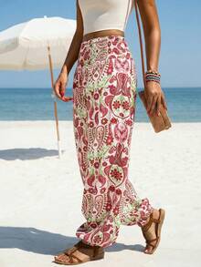 Quần dài nữ in họa tiết phong cách Bohemian, cạp cao, dây rút, ống rộng, thích hợp cho kỳ nghỉ (YY1184) Mùa xuân - Màu Khaki - Xem 10