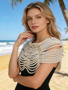 1pc Elegant Bohemian Handcrafted Multi-Layer Beaded Faux Pearl Body Chain - Ideal For Brides And Party Wear - White - View 17
