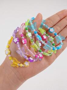 5pcs/Set Colorful Butterfly Beaded Bracelet For Girls, Acrylic Material - Multicolor - View 5