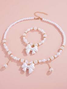 2pcs/Set Minimalist White Pearl Bow Charm Beaded Necklace And Bracelet Jewelry Set, Gift For Girls Birthday - Multicolor - View 4
