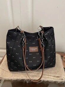 时尚条纹手提包 - 女士大容量单肩包 - 拉链托特包，适合日常使用 - 简约链条单肩托特包，适合青少年女孩、大学生、职场新人及白领，完美适用于办公室、工作、商务、通勤，是女士最佳工作包之选，闪亮图案 - 黑色 - 查看 2