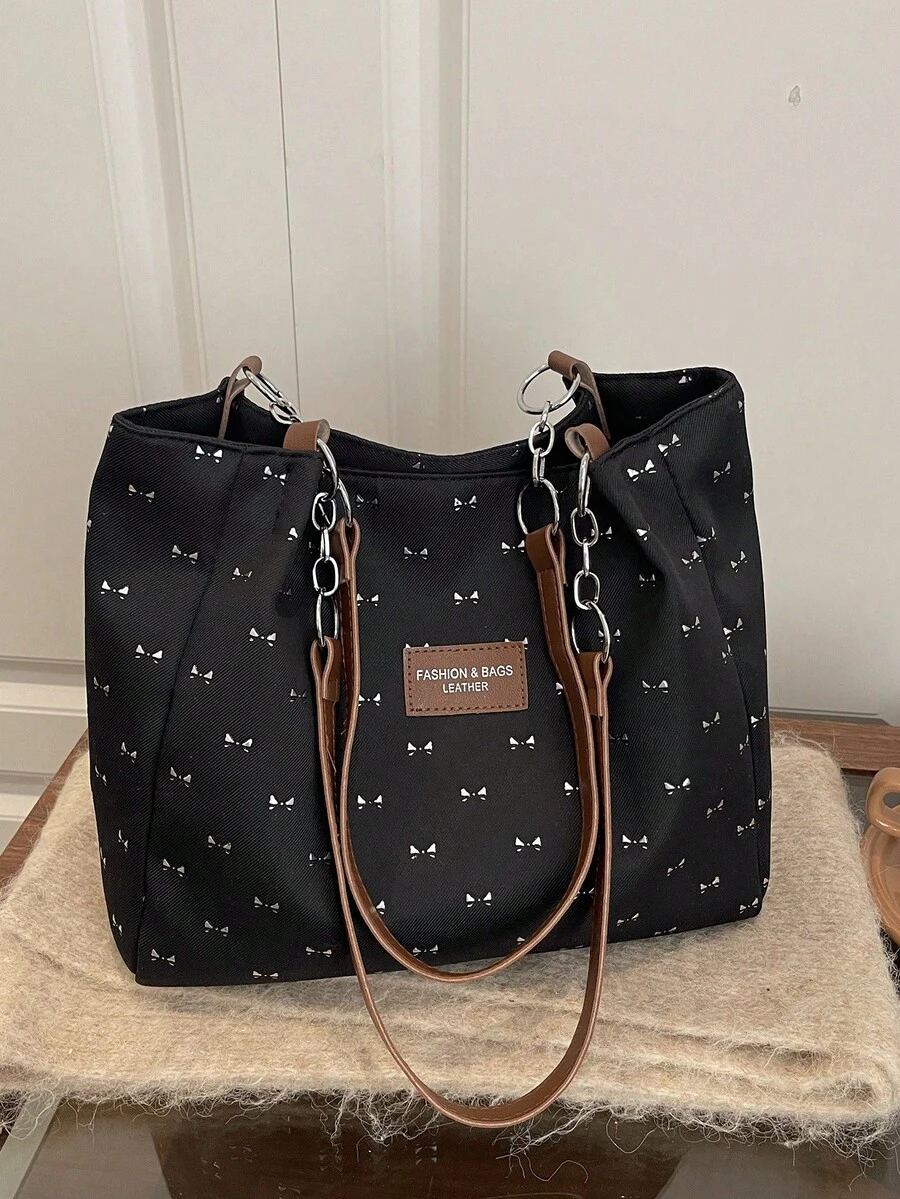 时尚条纹手提包 - 女士大容量单肩包 - 拉链托特包，适合日常使用 - 简约链条单肩托特包，适合青少年女孩、大学生、职场新人及白领，完美适用于办公室、工作、商务、通勤，是女士最佳工作包之选，闪亮图案