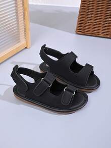 儿童简约T字带凉鞋 – 双可调节魔术贴绑带，耐用人造革鞋面，柔软加垫鞋垫，防滑鞋底，适合幼儿夏季休闲穿着 - 黑色 - 查看 2
