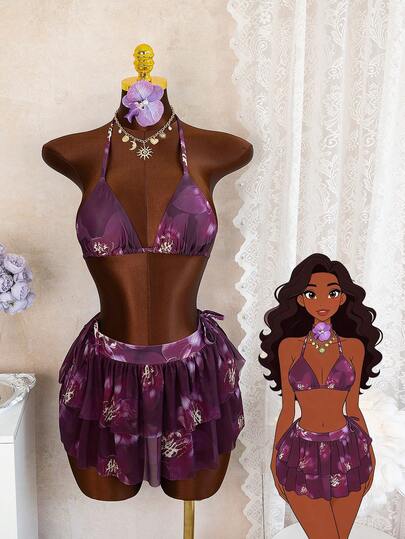 春夏紫色花卉印花性感女士比基尼套装，带网纱裙的女士泳装，沙滩度假装，适合舞台表演、演唱会、单身派对等场合，三件套泳衣