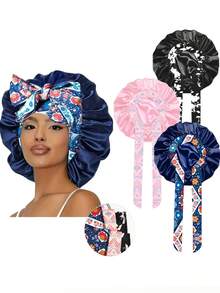 1/2/3/4 件装 女士弹力缎面睡帽/化妆帽/日常发帽，缎面帽（随机印花图案） - 多色3pcs - 查看 13