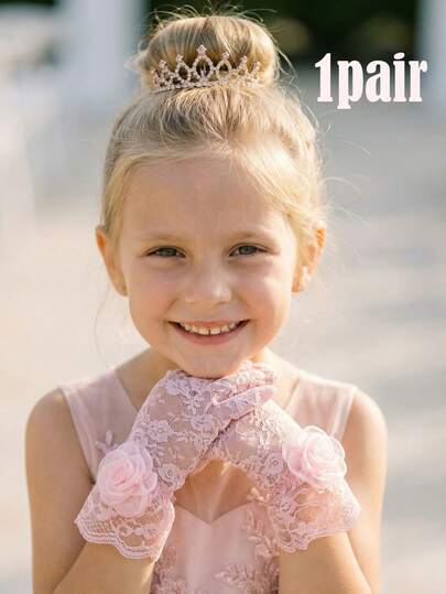 1 Pair Pink Floral Lace Gloves For Girls, Sizes 4-12 Years, Ultra Stretch Lace Gloves For Girl & Girls - Wedding, Pageant, Flower Girl, Dance Performance & Birthday Princess Photo Props