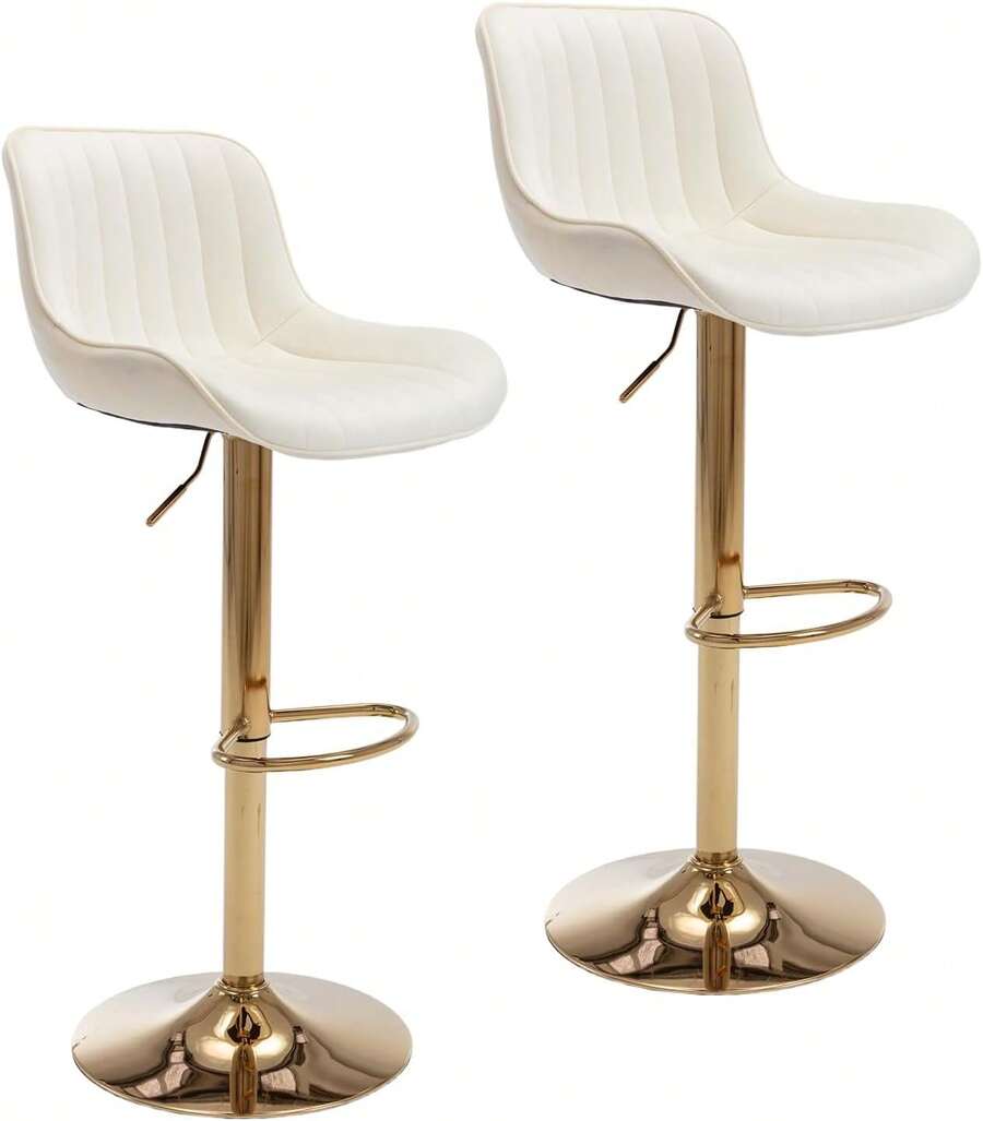 Kiztir - Juego de 2 taburetes de Bar de Terciopelo Ajustables con Respaldo y reposapiés, taburetes de Bar giratorios Dorados para Isla de Cocina, Bar, café (Beige) - Beige (dorado) - Ver 1