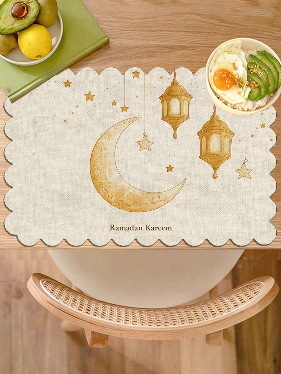 热销 1/4/6 件套斋月波纹餐垫 | 12*18 英寸月亮图案，适用于开斋餐桌、餐厅、生日派对、聚会和餐饮装饰，亚麻材质，可手洗和机洗 - 彩色 - 查看 1