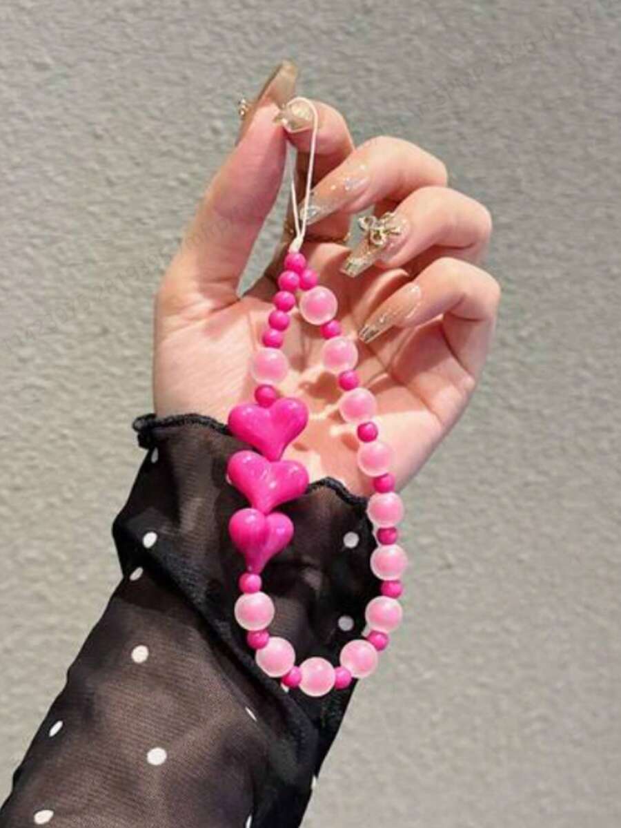 Ins-Style Dusty Pink Heart Textured Bead Phone Lanyard Chain, Sweet Niche Short Wrist Strap, Anti-Lost Beaded Chain, Suitable For Girl, Phone Case, Key Chain, Camera, Popular With Influencers - Multicolor - View 1
