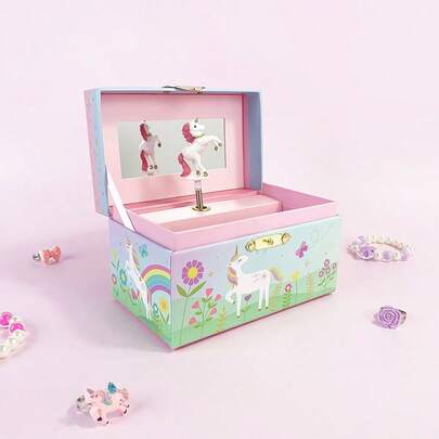 1pc Pink & Green Unicorn Mini Rectangular Music Box, Paper Material, Can Store Lipstick, Jewelry, Toys, Pocket Size, Knob Operated, Built-In Mirror, Decorative For Living Room, Bedroom, Desk, Suitable For Valentine's Day, Birthday, Wedding, Daily Use