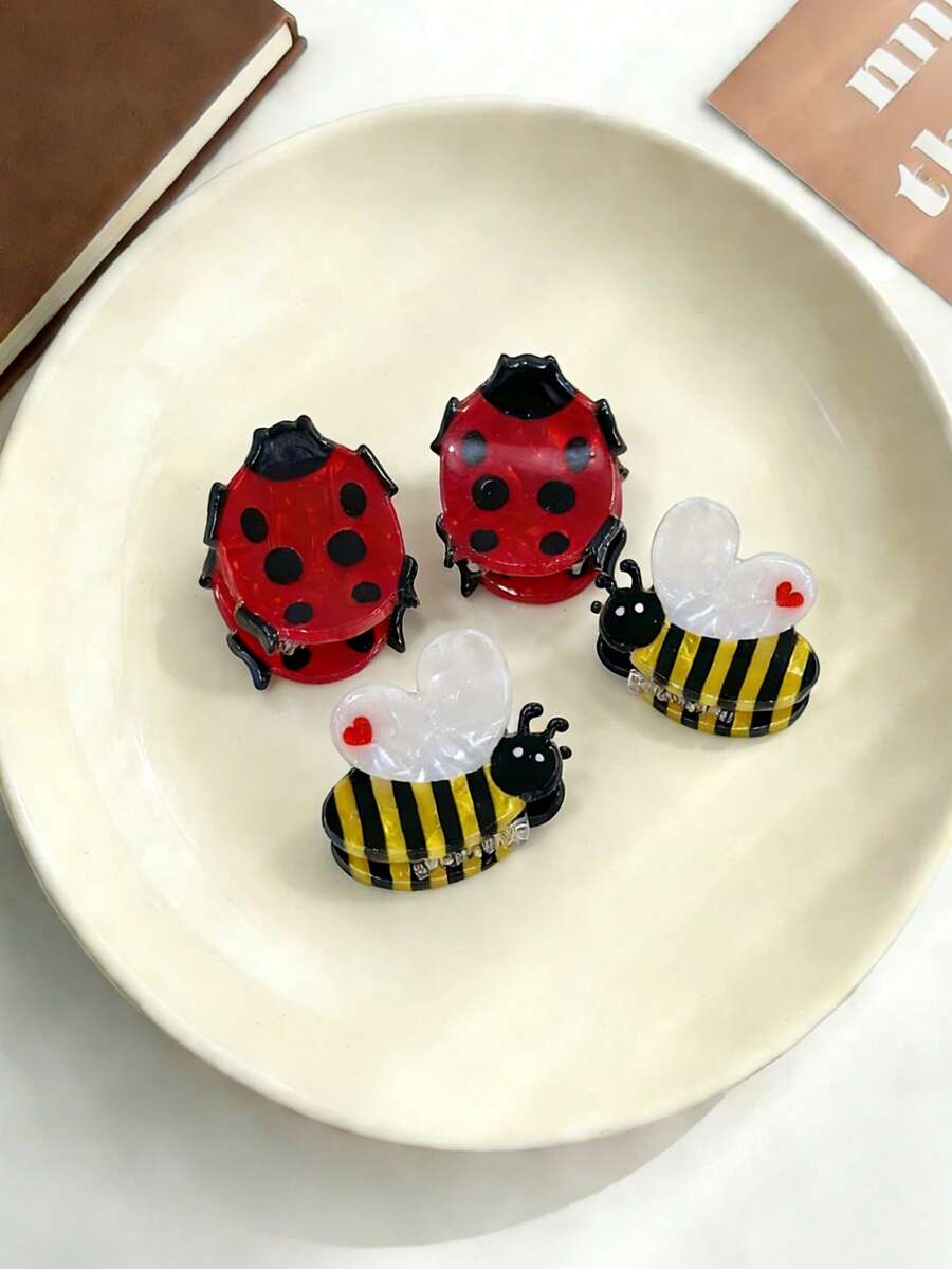 2 piezas Clips pequeños de insectos de acetato simulado lindos, Clips para el cabello de abeja y mariquita, Clips para el cabello y los laterales Accesorios para el cabello - Multicolor - Ver 1