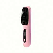 Portable Cordless Hair Straightener Brush, Mini Travel Hair Brush Straightener With Ceramic Coating, Anti-Scald Design, Rechargeable Hairbrush Straightener Brush For Women, Black/Pink/White - 粉色 - 查看 1