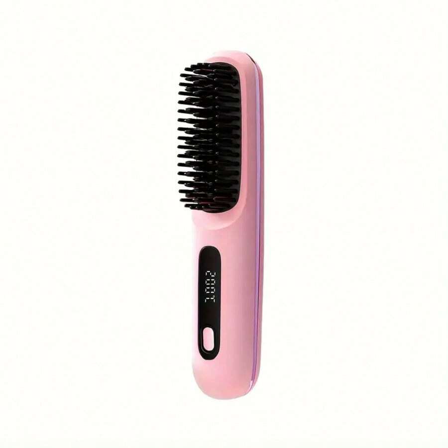 Portable Cordless Hair Straightener Brush, Mini Travel Hair Brush Straightener With Ceramic Coating, Anti-Scald Design, Rechargeable Hairbrush Straightener Brush For Women, Black/Pink/White - 粉色 - 查看 1