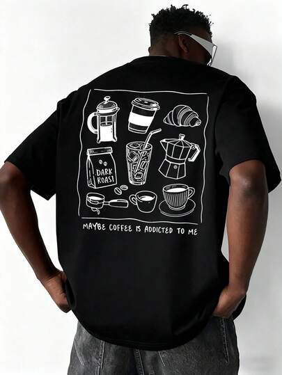 Men's Fashionable Versatile Daily Coffee Print Round Neck Short Sleeve T-Shirt, Suitable For Coffee Lovers
