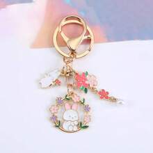 1pc Colorful Floral Rabbit Keychain, Cute Sakura Flower Rabbit Pendant Bag Charm, Zinc Alloy Rabbit & Flower Key Chain, Lovely Gift For Friends, Classmates - Multicolor - View 3