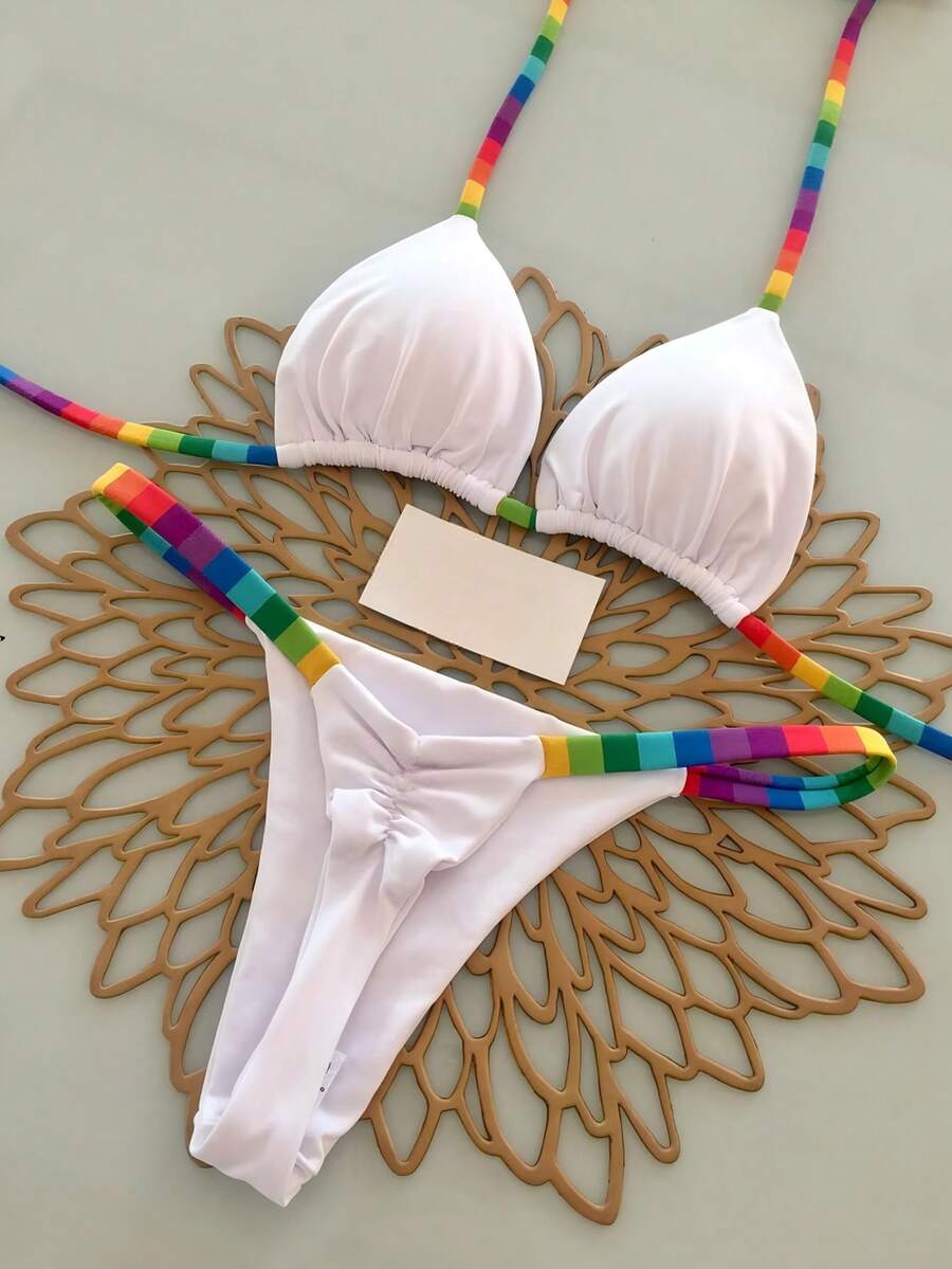 2 件波西米亚豹纹休闲可爱优雅性感扎染钩针撞色饰边比基尼泳装，海滩度假，春夏 - 白色 - 查看 1