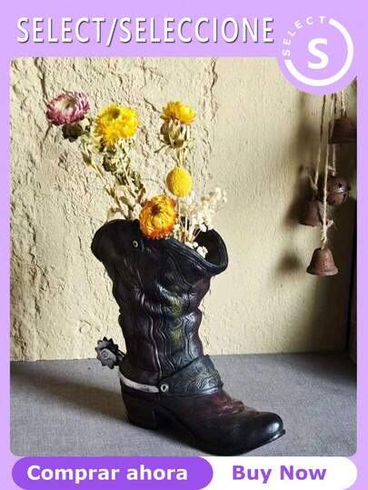 Creative Cowboy Boot Vase -Vintage Resin Flower Pot Planter For Home Garden Decor, Rustic Western Style Desktop Ornament For Dried Flowers, Retro Country Art Statue, Novelty Housewarming Gift, Living Room Bedroom Office Table Centerpiece, Vintage Boots Resin Vase Ornaments