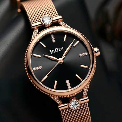 BIDEN 1件女士手表 时尚钻石小表盘 奢华石英机芯 不锈钢网带 优雅休闲防水女士手表