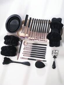 27件套化妆工具套装，包括：20支化妆刷套装+1个化妆海绵+1个化妆刷清洁工具+1个睫毛夹+1个发圈+2个手碗带+1个面膜刷 - 黑色 - 查看 4