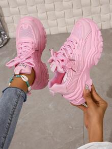 New Women Thick Sole Sneakers, Breathable Mesh Upper, Fashion Outdoor Flat Chunky Sneakers, Fuchsia - Pink - View 1