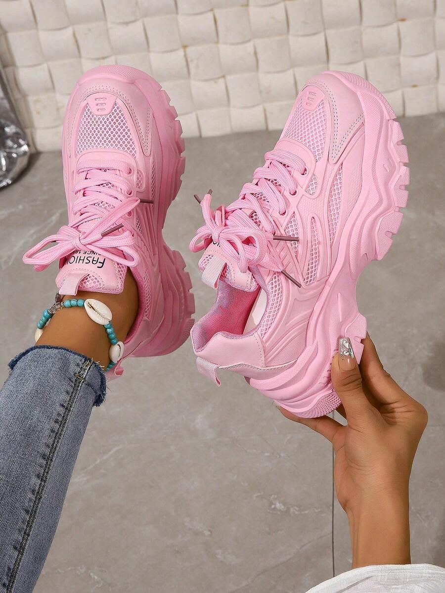New Women Thick Sole Sneakers, Breathable Mesh Upper, Fashion Outdoor Flat Chunky Sneakers, Fuchsia - Pink - View 1