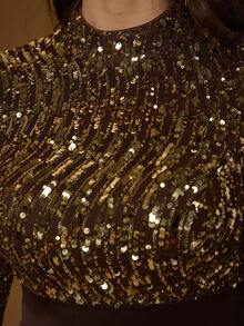 Magiacy新款高领露背华丽晚礼服，亮片蝴蝶结高开衩缎面A字裙，适合婚礼、春季派对等场合。 - 棕色 - 查看 8