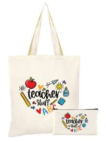 1件/2件/4件套，大容量教师主题帆布手提袋和便携式拉链铅笔盒收纳袋套装，附赠感谢卡和苹果钥匙扣帆布组合套装，返校季、毕业季、教师节必备礼物，多功能购物袋、书包、文具袋套装 - 米色 - 查看 26