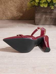 New Stylish Chunky Heel Pointed Toe Backless Sandals For Women With Buckle And Rhinestone Decor, Spring/Summer - Burgundy - View 10