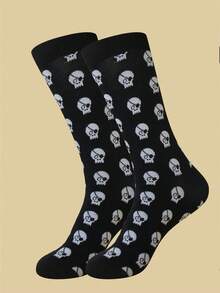 1双男士袜子，绅士朋克风黑色中筒袜，饰有白色海盗图案，适合日常穿着，春秋季款 - 黑與白 - 查看 5