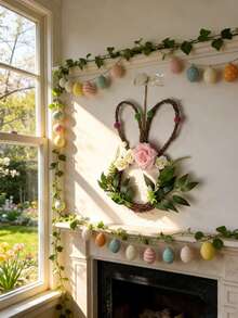 1 pieza Guirnalda decorativa de estilo nórdico y minimalista con forma de conejo de mimbre para decoración del hogar en Pascua y primavera, que mejora el ambiente festivo y aporta una sensación de frescura y naturaleza primaveral, decorada con flores y verdor, adecuada para pared, entrada o puerta (color pompón aleatorio) - Multicolor - Ver 6