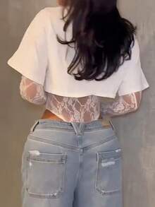 Blusa corta de mujer de encaje transparente y manga corta, body sexy de unicolor con parches de encaje transparente para uso diario, citas, fiestas de solteros, escenario y conciertos, primavera/verano, elegante en blanco - Blanco - Ver 3
