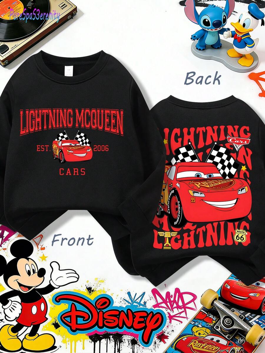 1pc Disney Lightning McQueen Retro Racing Graphic Tween Boys Casual Sweatshirt, Soft & Versatile, Ideal For Back To School & Weekend Hangouts - màu đen - Xem 1
