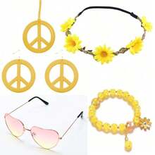5pcs/Set Hippie Style Accessories Set: Peace Sign Necklace, Daisy Earrings, Flower Headband, Sunglasses, 60s Fashion Halloween - Blue - View 38