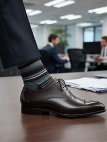 男士袜子 1 双，绅士商务风蓝黑细条纹，加固鞋底中筒袜，春秋季 - 灰色 - 查看 1