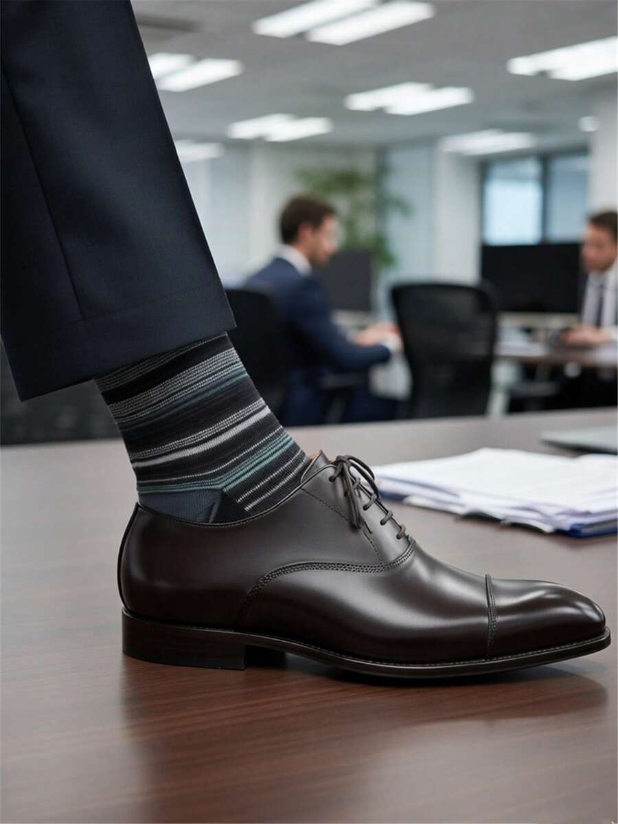男士袜子 1 双，绅士商务风蓝黑细条纹，加固鞋底中筒袜，春秋季 - 灰色 - 查看 1