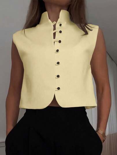 Damen elegantes ärmelloses einfarbiges Tanktop aus Webstoff, Sommer Casual