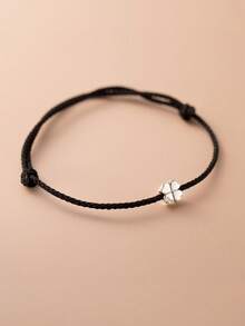 HuooNew 925 Sterling Silver Minimalist Four-Leaf Design Black Braided Adjustable Length Bracelet, Suitable For Daily Wear, Women Jewelry Gift - Black - View 6